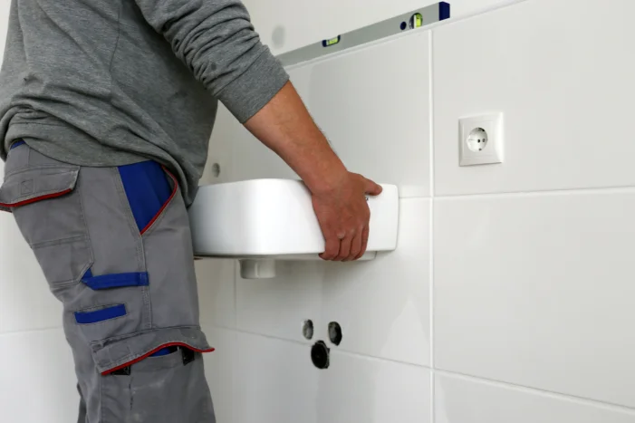 Person montiert Waschbecken an Wand.